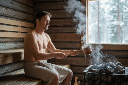Homme finlandais dans un sauna traditionnel en bois