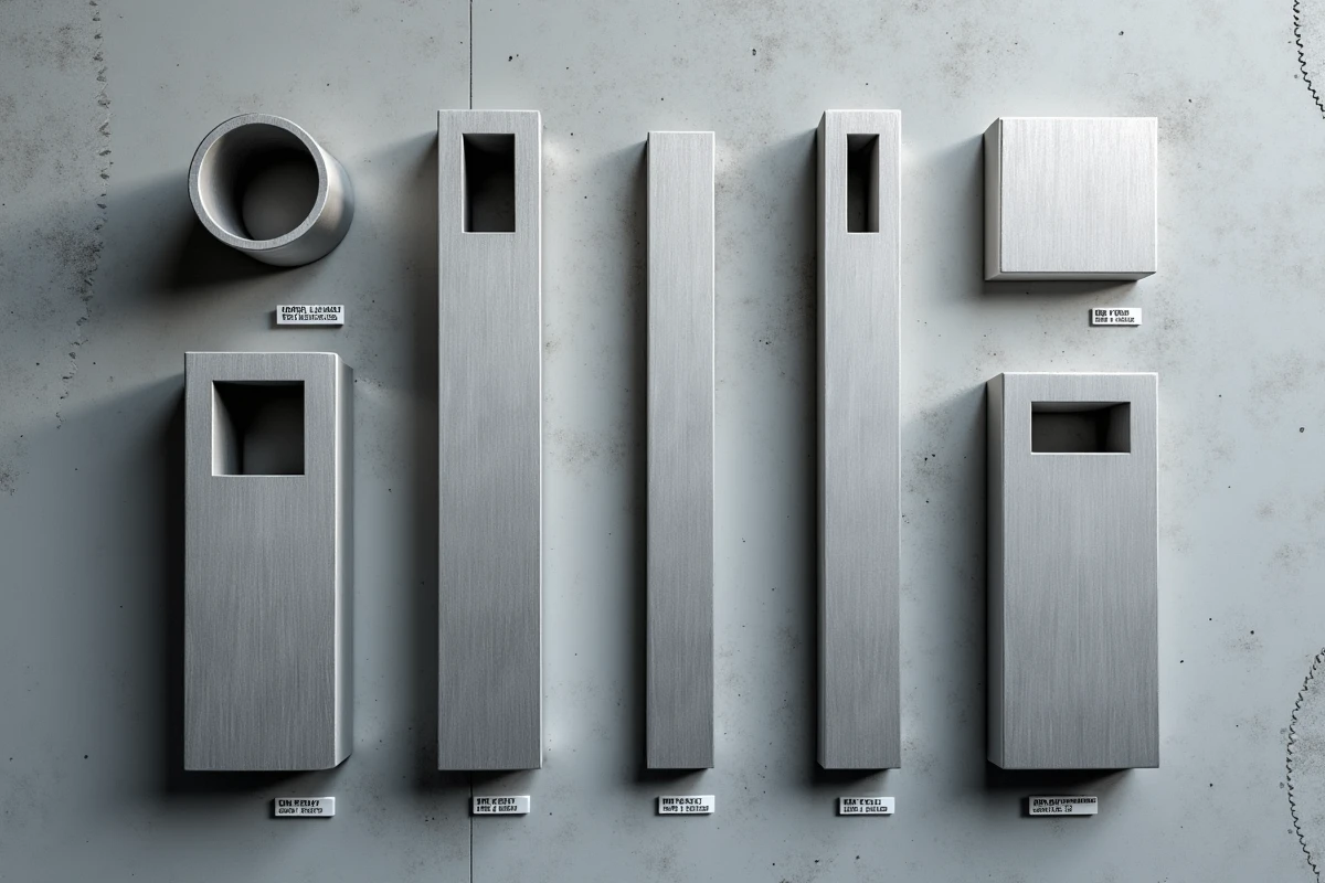 Vue aérienne de sections coupées de tubes aluminium rond, carré et rectangulaire disposées sur béton avec étiquettes techniques