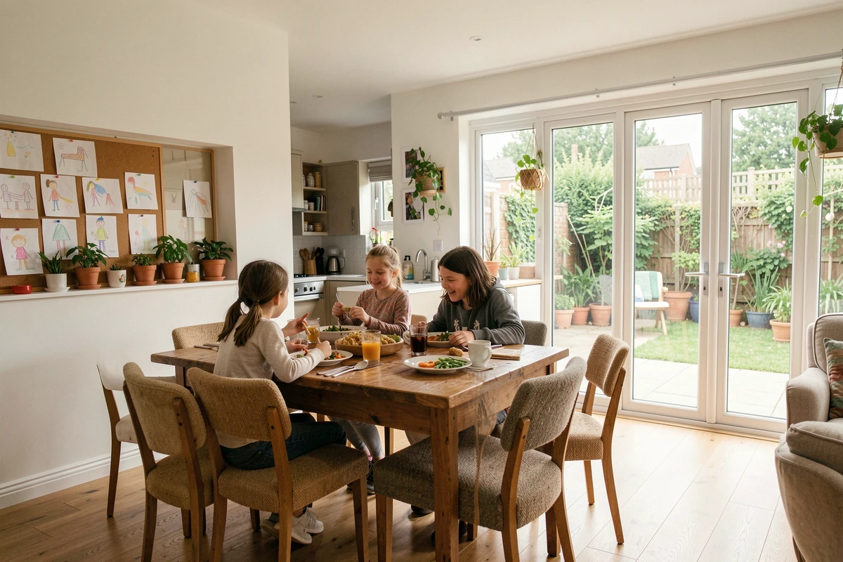 Espace de vie ouvert dans une maison en L avec famille autour de la table du dîner
