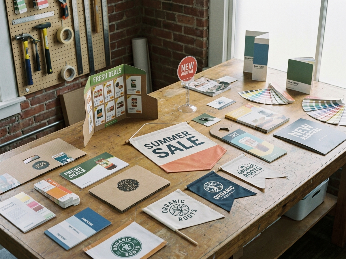 Différents types de signalétique et PLV retail étalés sur une table de travail en studio de design