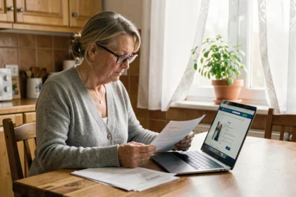 Femme âgée consultant des documents d'aide sociale CAF pour une simulation d'aide ménagère à domicile