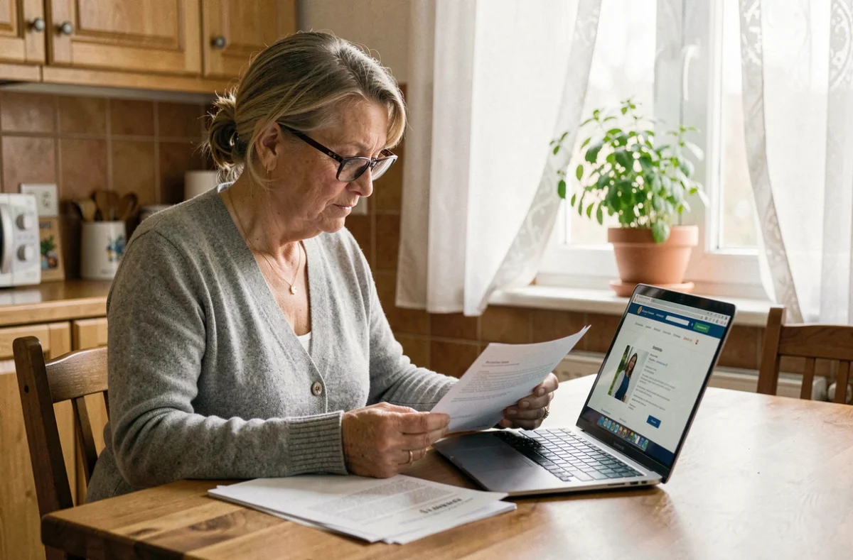 Femme âgée consultant des documents d'aide sociale CAF pour une simulation d'aide ménagère à domicile