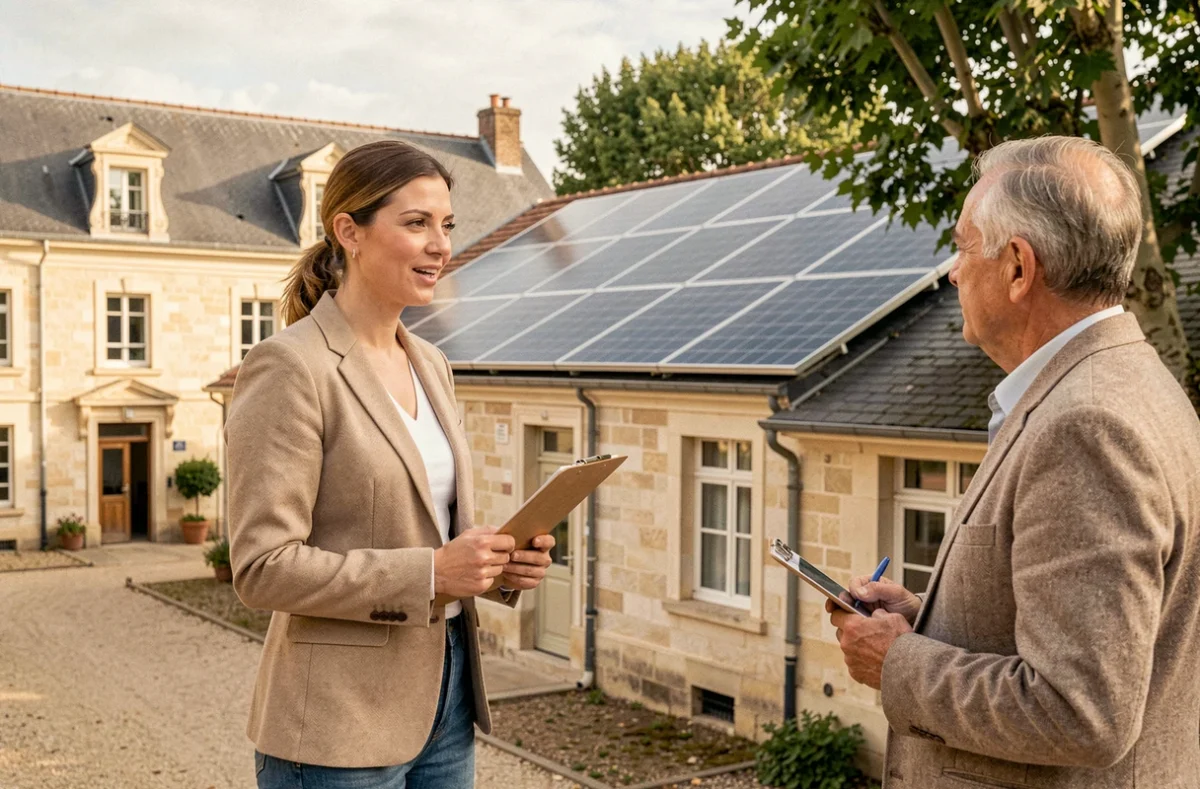 Coordinatrice de Solarcoop discutant d'un projet solaire coopératif avec un habitant devant une école rurale