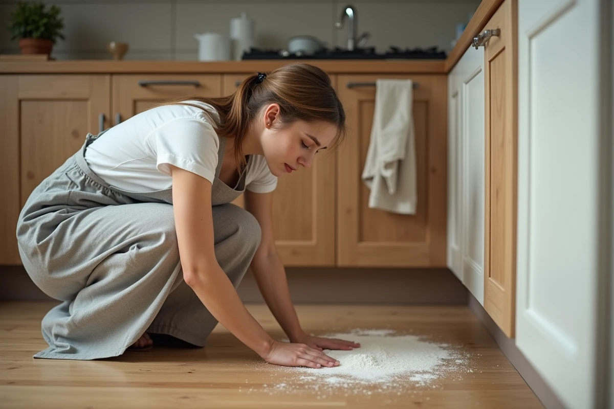 Femme appliquant une solution naturelle contre les insectes noirs dans la cuisine