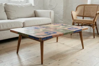 Table basse Roger Capron en céramique avec carreaux polychromes dans un salon scandinave, patine authentique des années 1960
