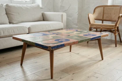 Table basse Roger Capron en céramique avec carreaux polychromes dans un salon scandinave, patine authentique des années 1960