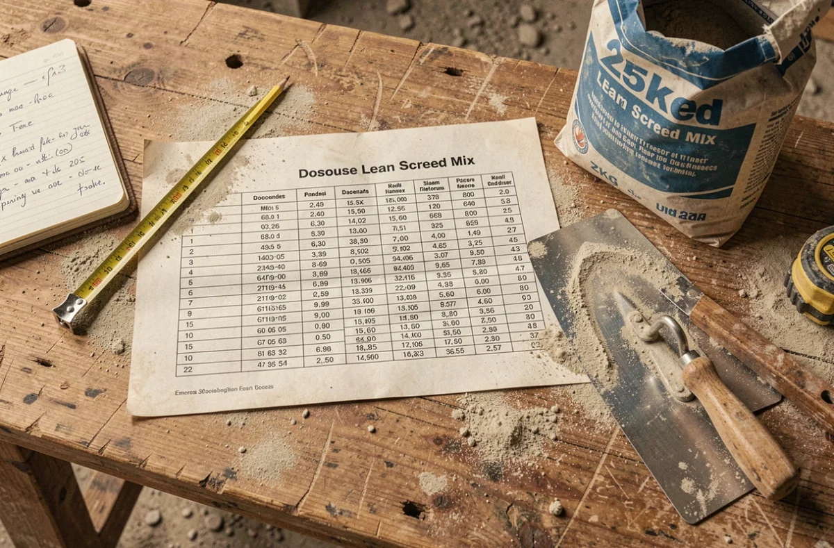 Tableau de dosage chape maigre posé sur un établi de chantier avec outils et sac de ciment