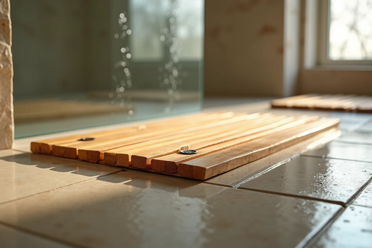 Tapis de bain en bambou à lattes naturelles devant une douche vitrée dans une salle de bain style spa