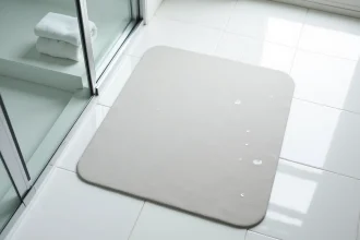 Tapis de sortie de douche en diatomite gris posé sur carrelage blanc dans une salle de bain moderne
