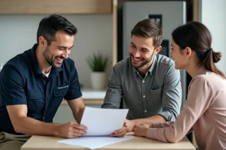 Technicien avec couple vérifiant garantie dans une cuisine moderne