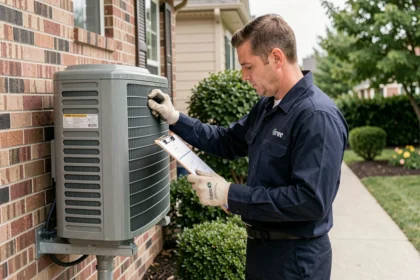 Technicien HVAC inspectant une pompe à chaleur Gree installée sur un mur extérieur en brique d'une maison