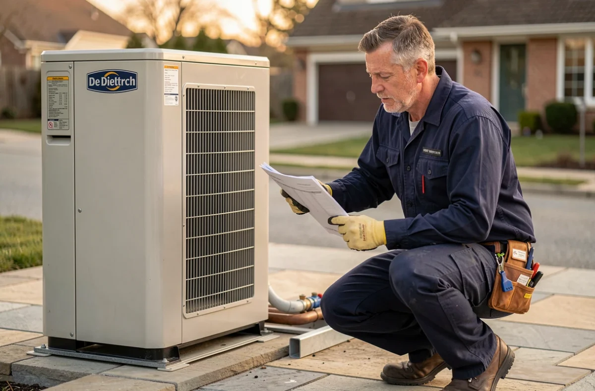 Technicien installant une pompe à chaleur De Dietrich 22 kW sur une terrasse résidentielle