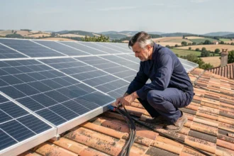Technicien inspectant un kit solaire autonome 10000W sur un toit en tuiles dans la campagne française