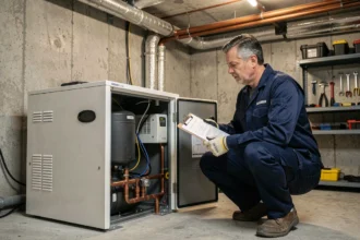 Technicien inspectant une pompe à chaleur géothermique dans une salle technique de maison individuelle
