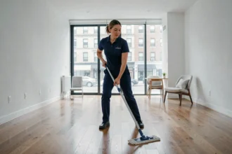 Technicienne de ménage professionnelle nettoyant un appartement moderne avec un équipement professionnel
