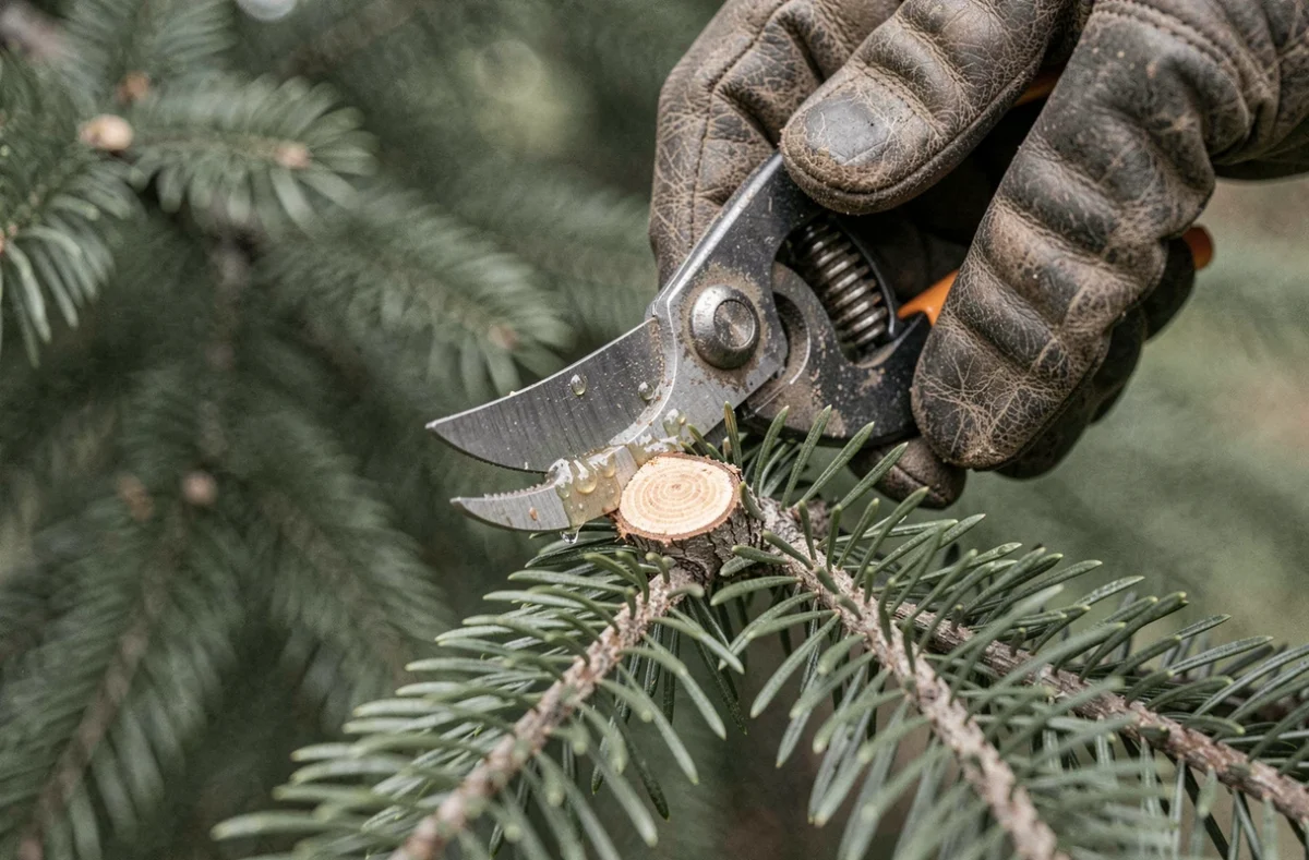 Gros plan sur une technique de coupe correcte au sécateur sur un sapin, montrant l'emplacement précis de la coupe