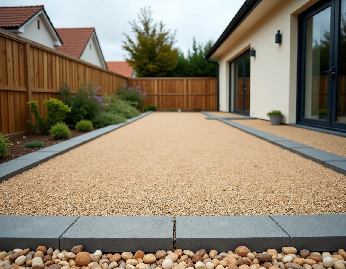 Terrasse en béton désactivé avec agrégats apparents dans un jardin résidentiel
