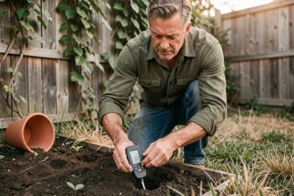 Propriétaire analysant le pH du sol dans son jardin avec un testeur numérique enfoncé dans la terre humide