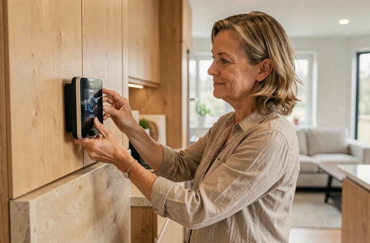 Propriétaire réglant le thermostat connecté Samsung d'une pompe à chaleur dans une cuisine moderne