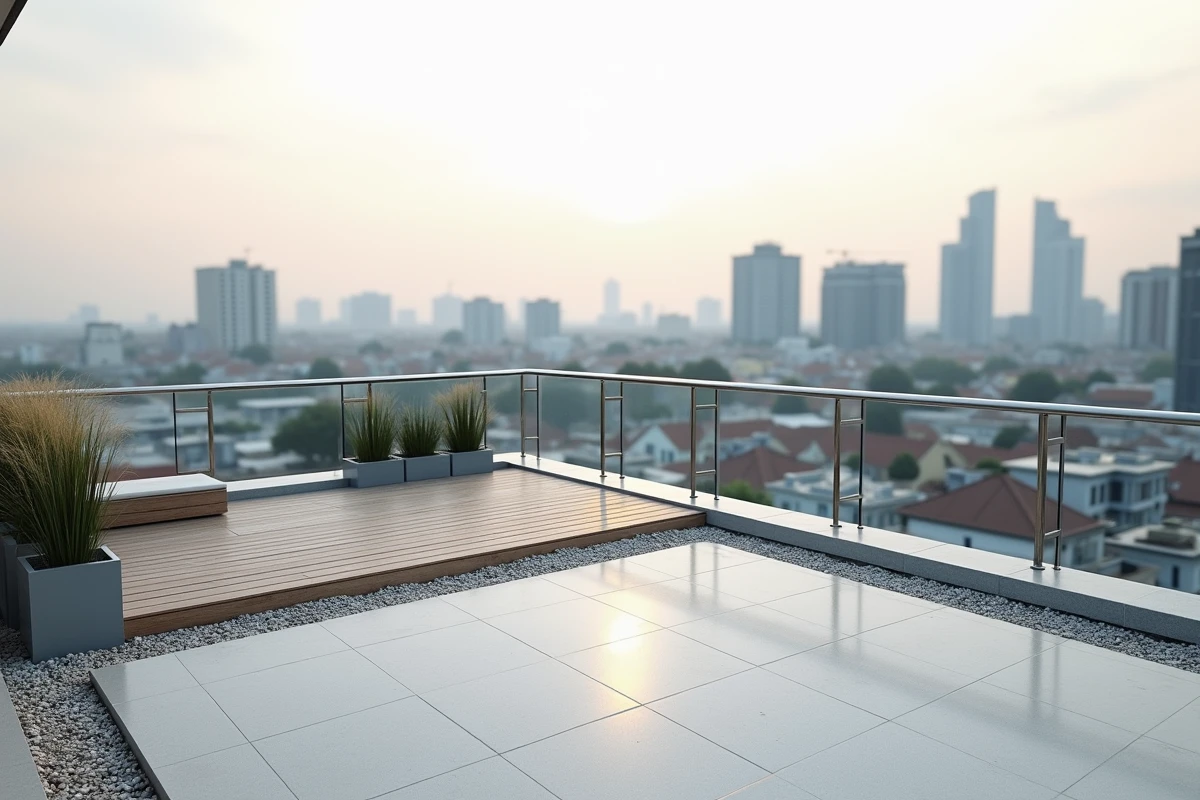 Toit terrasse neuf rénové avec bardage bois et garde-corps en acier inoxydable sur immeuble urbain