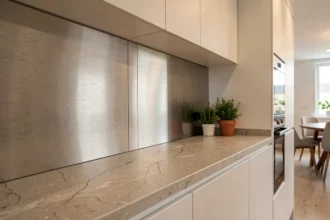 Tôle en aluminium brossé utilisée comme crédence dans une cuisine moderne aux armoires blanches et plan de travail en pierre