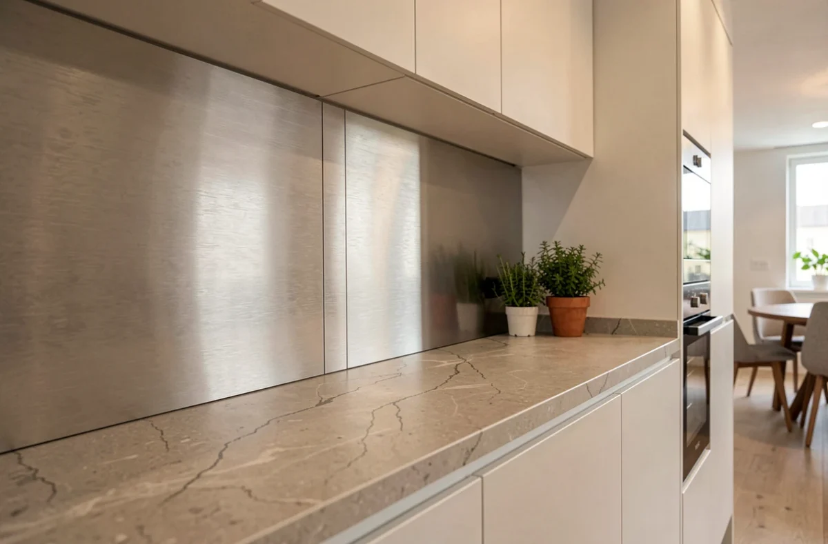 Tôle en aluminium brossé utilisée comme crédence dans une cuisine moderne aux armoires blanches et plan de travail en pierre