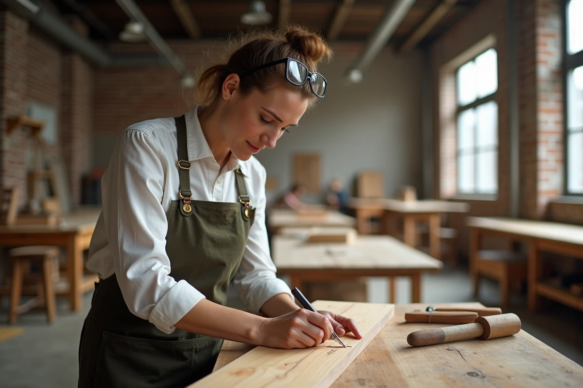 Instructrice en menuiserie traçant les lignes d'un tenon sur une planche en noyer avec un trusquin dans un atelier pédagogique