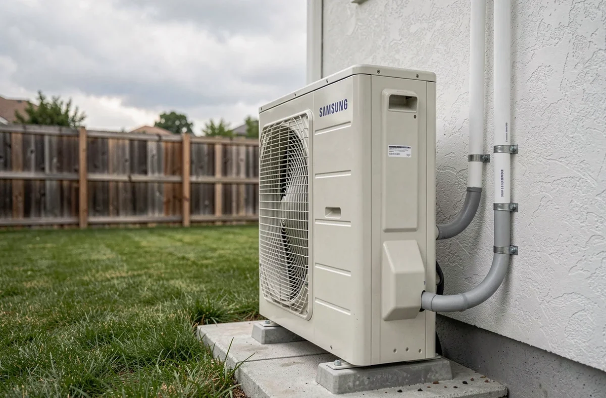 Unité extérieure de pompe à chaleur air-eau Samsung installée sur dalle béton en jardin résidentiel