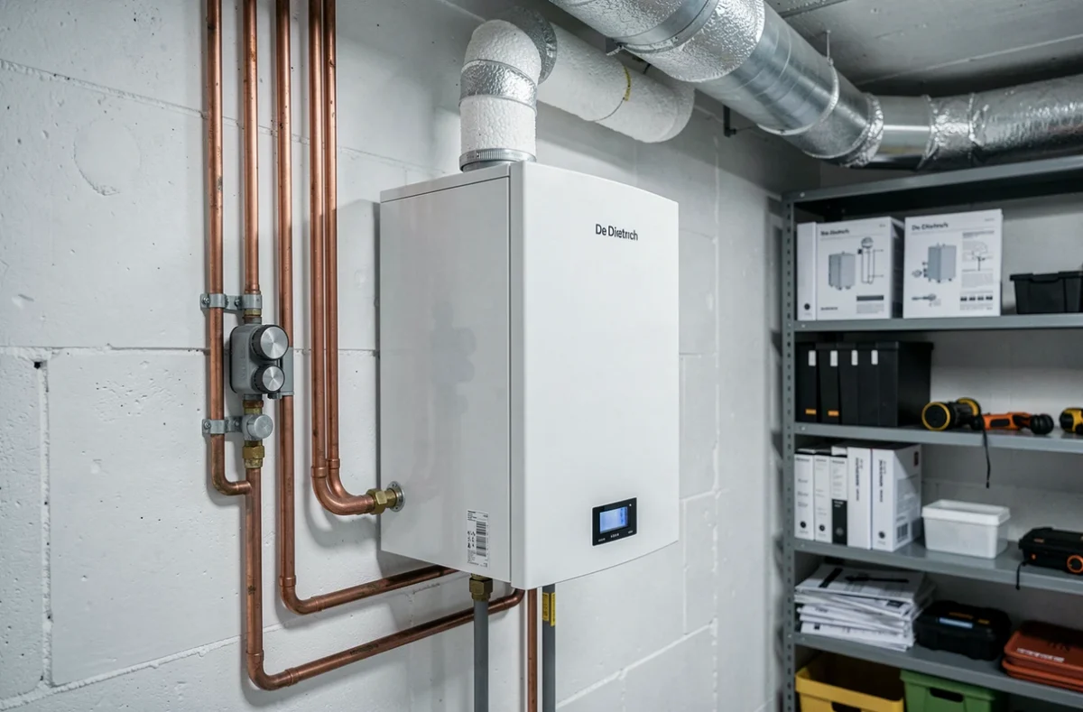 Unité intérieure de pompe à chaleur De Dietrich 22 kW dans une chaufferie avec tuyaux en cuivre