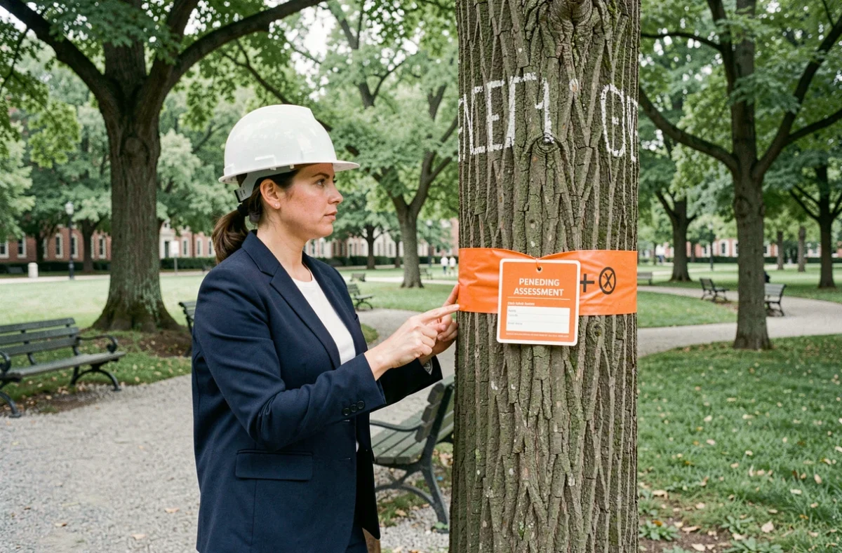 Urbaniste inspectant un arbre balisé dans un parc public dans le cadre d'une procédure réglementaire d'abattage