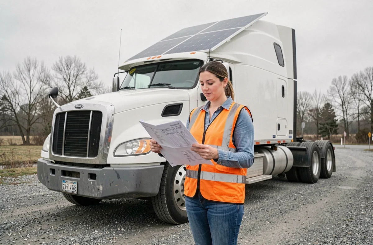 Femme consultant un manuel technique devant un camion équipé d'un panneau solaire