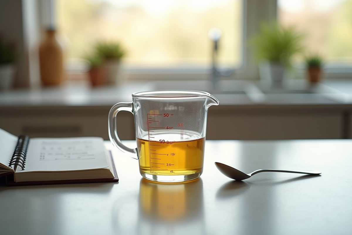 Verre mesureur avec liquide sur plan de cuisine lumineux