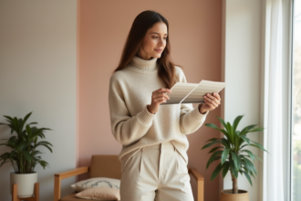 Femme stylée choisissant des couleurs pour un salon moderne