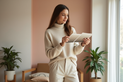 Femme stylée choisissant des couleurs pour un salon moderne